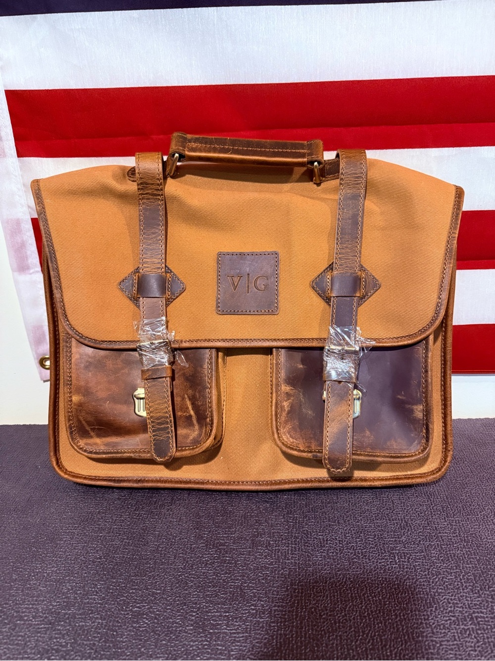 Tan Canvas & Brown Leather Briefcase Messenger